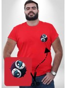 Resim Renkli Yin İle Yang Kuramı Kırmızı Büyük Beden Kadın Basic Minimal Baskılı Tişört Kırmızı 