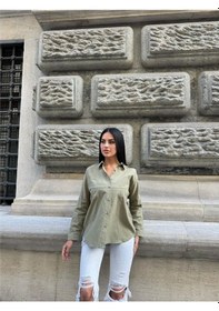 Resim Haki Çift Cepli Viskon Oversize Gömlek Haki 