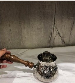 Resim Ahşap Kulplu Pirinç Cezve (Gümüş Rengi) 