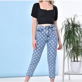Resim 2006-pua Kadın Likrasız Puantiyeli Mom Jeans Kot Denim Pantolon Kar Yıkama 