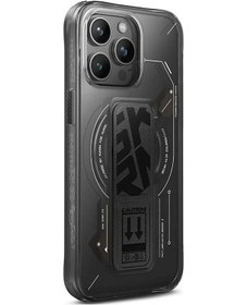 Resim İphone 15 Pro Max Uyumlu Kılıf Skinarma Magsafe Şarj Özellikli Teknoloji Desenli Standlı Helio Kapak Siyah 