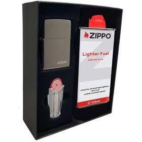 Resim Zippo Çakmak Parlak Siyah Hediyelik Kutu Benzin Taş Set du10-2475 