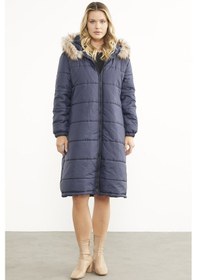 Resim Sementa Suni Kürk Kapüşonlu Uzun Kaban - Lacivert 001 