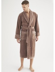 Resim Yaka Jakarlı %100 Cotton Erkek Bornozu Bej 