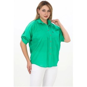 Resim %100 Cotton Yazlık Organik Büyük Beden Kadın Gömlek Benetton Yeşil Benetton Yeşili 