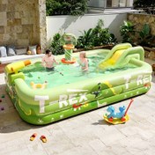 Resim Şişme Dinozor Havuz - 4-9 Kişilik Katlanabilir ve Taşınabilir PVC Aile Havuzu, 600L+ Kapasite, Canlı Yeşil Renkli T-Rex Desenli, Yaz Bahçe Partileri, Tatiller, Müzik Festivalleri, Dinozor Doğum Günü Malzemeleri, Eğlenceli Tasarım, Elektriksiz 