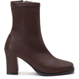 Resim Kahverengi Kadın Topuklu Bot Streç Suni Deri Küt Burunlu Kalın Topuklu-4236 Kahve 