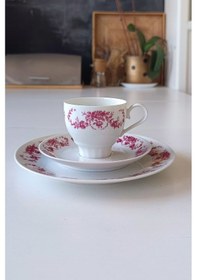 Resim Edelstein 73 Pembe Gül Desenli Vintage Çay Fincanı Seti 3 Parça Pembeçiçek 