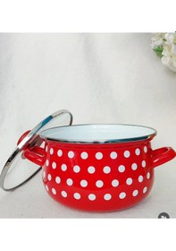 Resim Retro Kırmızı Puantiyeli 20 Cm 3 Litre Emaye Süt Yoğurt Tencere 