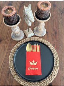 Resim Gold Yaldızlı Kırmızı Queen Taç Detaylı Cepli Kanguru Peçete 12 Adet 