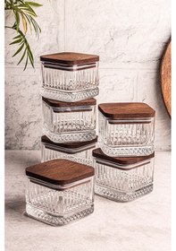 Resim Snippy Bella Kare 6'lı Ahşap Vakumlu Kare Kapaklı Cam Kahvaltılık Ahşap - Şeffaf 