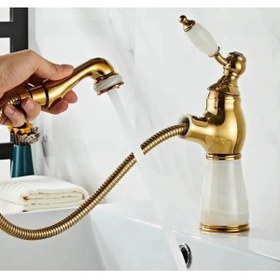 Resim İSAOĞLU YAPI Gold Spiralli Lavabo Bataryası Vintage Tasarım Mermerli Spiralli Lavabo Musluğu 