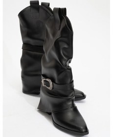 Resim Luvi Shoes Okus Siyah Cilt Kadın Tokalı Kalın Topuklu Kısa Çizme Siyah Mat 