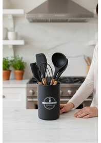 Resim Elegant 5 Parça Silikon Servis Seti Takımı Siyah Kaşıklık Standlı Siyah 