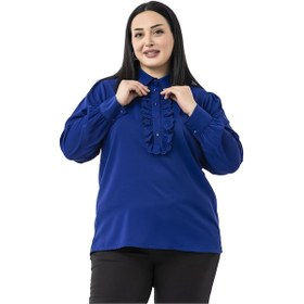 Resim Büyük Beden Önü Fırfır Detaylı Gömlek Yaka Manşetli Saks Mavi Gömlek Saks 