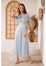 Resim Darlin Moda Mavi Simli Tül Üzeri Gri Puantiyeli Astarlı Abiye Elbise DM45948 