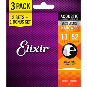 Resim Elixir 16538 Nanoweb 80/20 Bronze Light Akustik Gitar Teli (11-52) | 3'lü Paket 