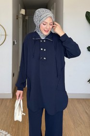 Resim Tesettür Diyarı Tulas Aeorbin Kumaş Dik Yaka Tunik-Pantolon Tesettür Takım- Lacivert 