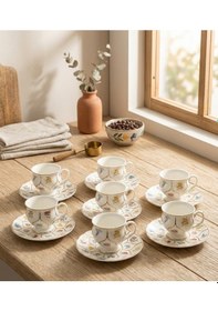 Resim 6'lı Gold Detaylı Çiçekli Fincan Takımı- Mien 6 Kişilik Gold Çiçekli Türk Kahvesi Seti Sarı - Çok Renkli 