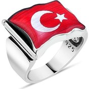 Resim Türkiye Bayraklı Ay Yıldızlı Gümüş Erkek Yüzük 925 Ayar Model Bay 