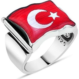 Resim Türkiye Bayraklı Ay Yıldızlı Gümüş Erkek Yüzük 925 Ayar Model Bay 