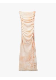 Resim Koton Drape Detaylı Astarlı Soyut Desenli Slim Fit Uzun Straplez Elbise Turuncu Desenli 5sak80460ek Turuncu Desenli 