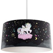 Resim MASAL ODAM BEBEK VE ÇOCUK ODASI Pembe Bulut Üzerinde Unicorn Desenli Siyah Avize 
