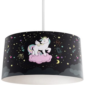 Resim MASAL ODAM BEBEK VE ÇOCUK ODASI Pembe Bulut Üzerinde Unicorn Desenli Siyah Avize 