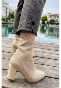 Resim Günlük Kadın Streç Triko Kalın Yüksek Topuklu Bot Bootie Çorap Şeritli Sivri Burun Ayakkabı 167 Bej 
