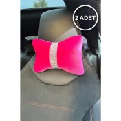 Resim Fuşya Düz Kadife Gümüş Dik Şeritli Boyun Yastığı 2 Adet 