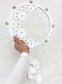 Resim ZEYMERADE Beyaz Çiçekli Parlak Taşlı Gelin Tefi, Düğün Kına Söz Sünnet Bekarlığa Veda Bride Zilli 25cm, 1 Adet 