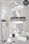 Resim tesitay Banyo Bataryası Ve Robot Duş Seti Beyaz Renk Duş Musluğu Banyo Seti El Tepe Duşları Banyo Armatür 