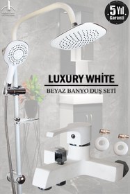 Resim tesitay Banyo Bataryası Ve Robot Duş Seti Beyaz Renk Duş Musluğu Banyo Seti El Tepe Duşları Banyo Armatür 