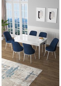 Resim Canisa Zen Serisi 80x132 Mdf Açılabilir Beyaz Masa Takımı Ve 6 Lacivert Sandalye Masa Beyaz Sandalyeler Lacivert 