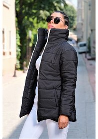Resim Keyifli Moda Kadın Siyah Dik Yaka Su Geçirmez Uzun Şişme Mont 