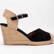 Resim Star Tombis Gerçek Elişi Keten Hasır Espadril Siyah Burnu Hasırlı Arkası Açık Dolgu Topuk Handmade 