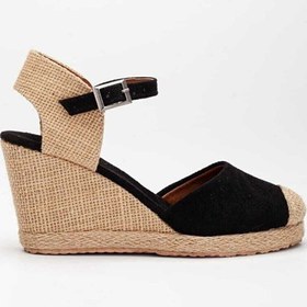 Resim Star Tombis Gerçek Elişi Keten Hasır Espadril Siyah Burnu Hasırlı Arkası Açık Dolgu Topuk Handmade 