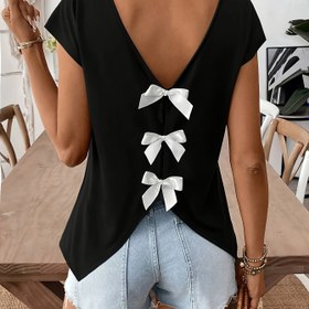 Resim Kadınlar için Rahat Yay Detaylı Kısa Kollu T-Shirt - Siyah V-Yaka ile Beyaz Yay Detayı, Yaz Aktiviteleri ve Günlük Kıyafetler için Mükemmel, Günlük Üst | Yay Detaylı | Şık Aksesuar 