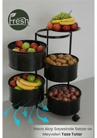 Resim 4 Katlı Tekerlekli Tepsili Metal Sebzelik Açılır Patates Soğan Meyvelik Sepeti Raf Siyah Siyah 