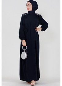 Resim Sevitli Omuzu İşlemeli Beli Kuşaklı Tesettür Elbise-lacivert-3506-lacivert Lacivert 