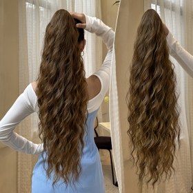 Resim Pençe şeklinde at kuyruğu uzatma koyu kahverengi 71.12 cm su dalgası ısıya dayanıklı sentetik at kuyruğu peruk, kadınların günlük kullanım için kısa saç aksesuarlarına uygun 