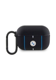 Resim Airpods Pro 2 Uyumlu Kılıf Bmw Lisanslı Pu Deri Mavi Beyaz Çizgili Metal Logolu Siyah 