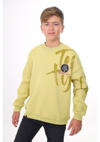 Resim Toontoy Kids Toontoy Erkek Çocuk Oversize Bisiklet Yaka Düşük Omuz Baskılı Sweatshirt - 2 İplik Açık Yeşil 