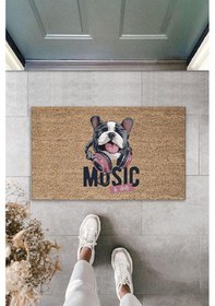 Resim Dijital Baskı Kahverengi Music Yazılı Kulaklıklı Köpek Dekoratif Kapı Paspası K-2042 