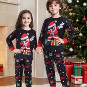 Resim 2'li Çocuk Alev Geciktirici Noel Pijama Takımı - Rahat Noel Baba ve Hediyeler Baskılı Uzun Kollu Yuvarlak Yaka Kazak ve Uygun Pantolon - Erkek ve Kız Çocukları için Mükemmel Tatil Uyku Giyimi Hediyesi 