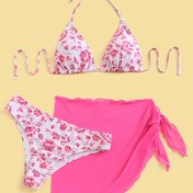 Resim 1 set Kadın Çiçek Desenli Halter Yaka Bikini Seti, Yüksek Elastik Polyester Kumaş, Bağcıklı Detaylı Rahat İki Parçalı Mayo, Örme Kumaş, Kemersiz, Normal Kalıp 