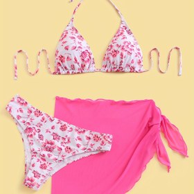 Resim 1 set Kadın Çiçek Desenli Halter Yaka Bikini Seti, Yüksek Elastik Polyester Kumaş, Bağcıklı Detaylı Rahat İki Parçalı Mayo, Örme Kumaş, Kemersiz, Normal Kalıp 