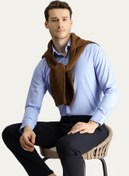 Resim Aqua Mavisi Uzun Kol Slim Fit Dar Kesim Klasik Pamuklu Gömlek Kigili