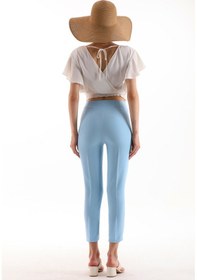 Resim Yüksek Bel Pileli Filota Cep Görünümlü Dabıl Kumaş Pantolon Mavi 