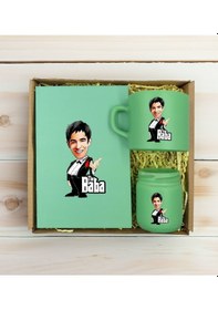 Resim Bk Gift Kişiye Özel Dtf The Baba Karikatürlü Yeşil Defter + Kahve Fincanı + Mum Seti 3 